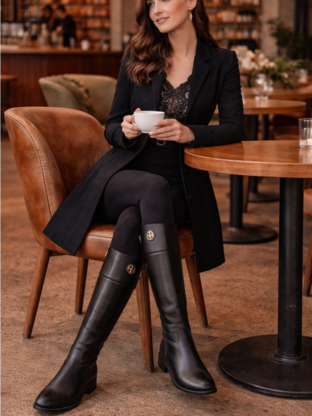 Tory Burch Black Tumbled Leather Pull On Junction Equestrian Riding Boots Gold 8